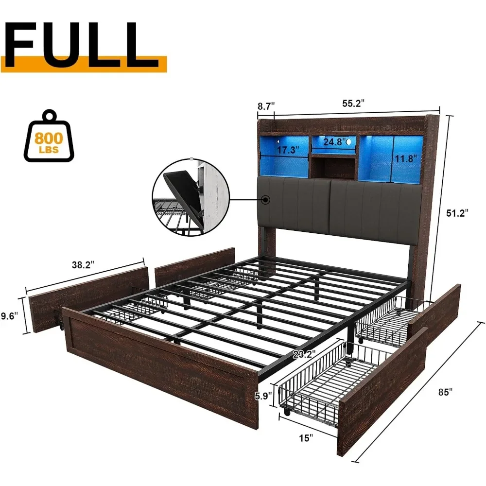 Full Bed Frame with Bookcase Headboard 4 Storage Drawers   Charging Station, Slats Support, No Box Spring Needed，LED Bed Frame