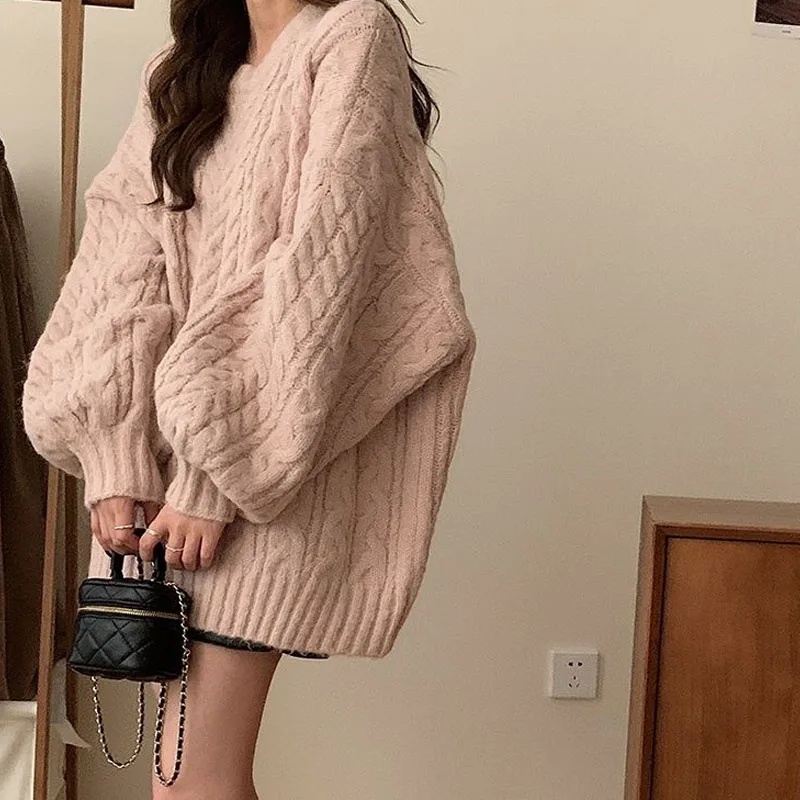 

Autumn Winter Simplicity Loose Women's Solid Color Knitted Pullovers Long Sleeve All-match Round Neck Sweaters Female Clothing