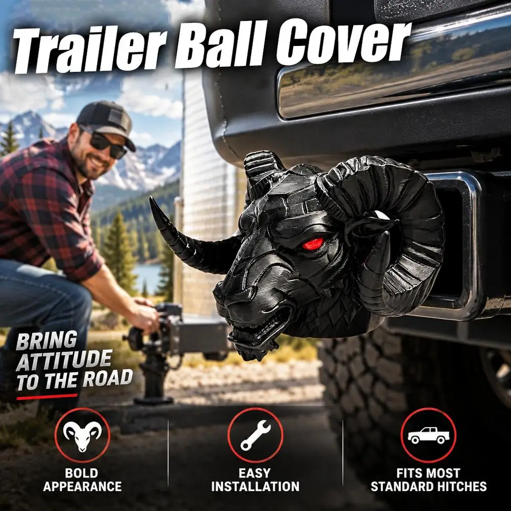 Black Bone Design Ram Skull Trailer Coupling Cover Cap, 3D Printed Trailer Head Hitch for Truck Off-road Vehicle Accessori