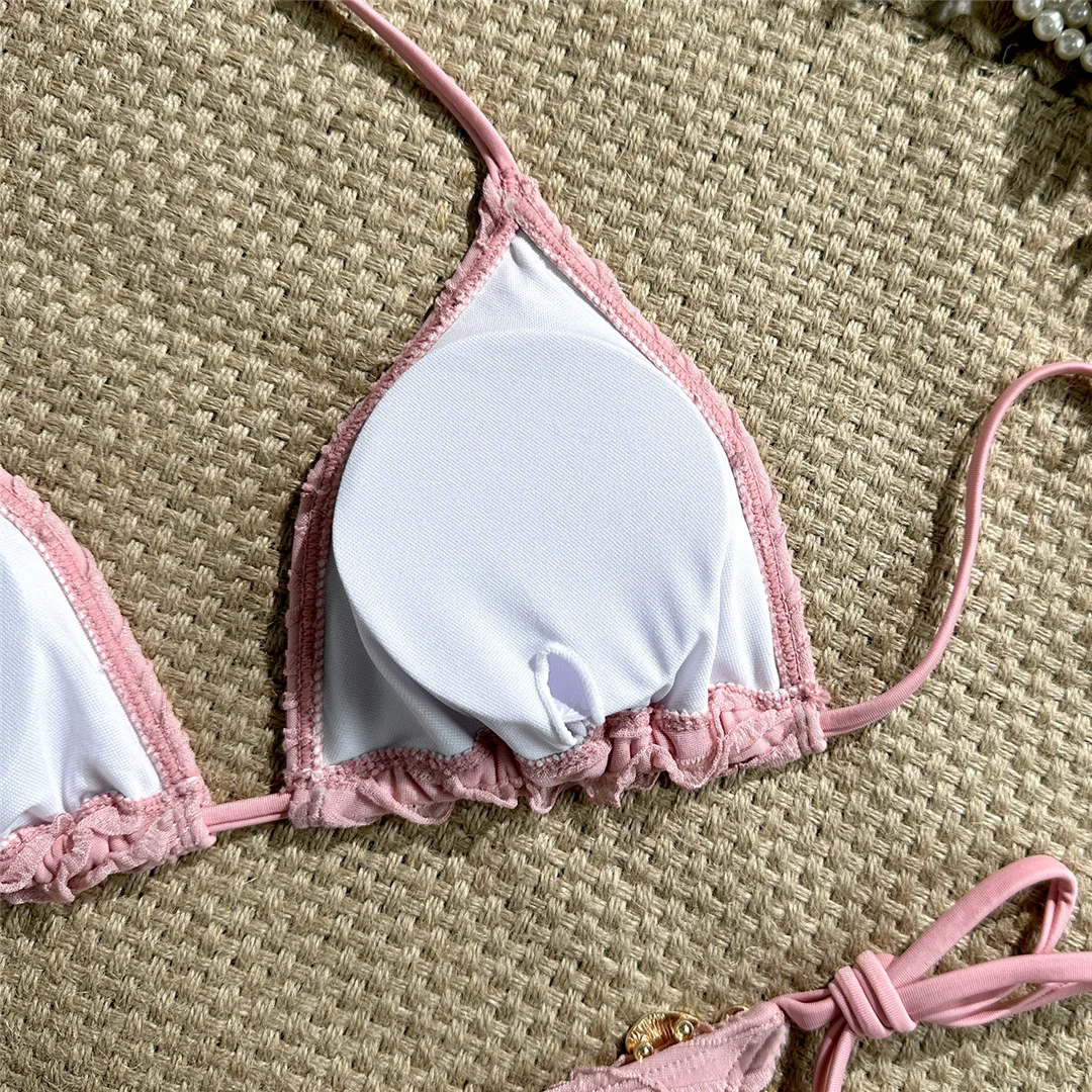 Zweiteiliges Bikini-Set mit Metallblumen-Design, Neckholder-Bikini, Damen-Badeanzug, Damen-Bademode, geraffter, gepolsterter Badeanzug, Badebekleidung, Modell V7478. – Detail 23