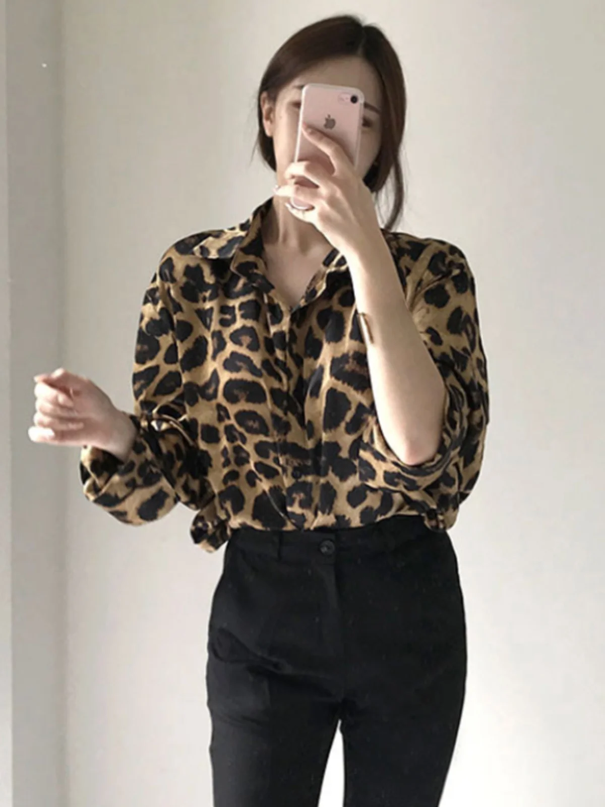 Retro Hong Kong Sle Women's Long Sve Leopard Print irt Spring Autumn Loose Fit Versatile Casual Top Korean Straight Cut