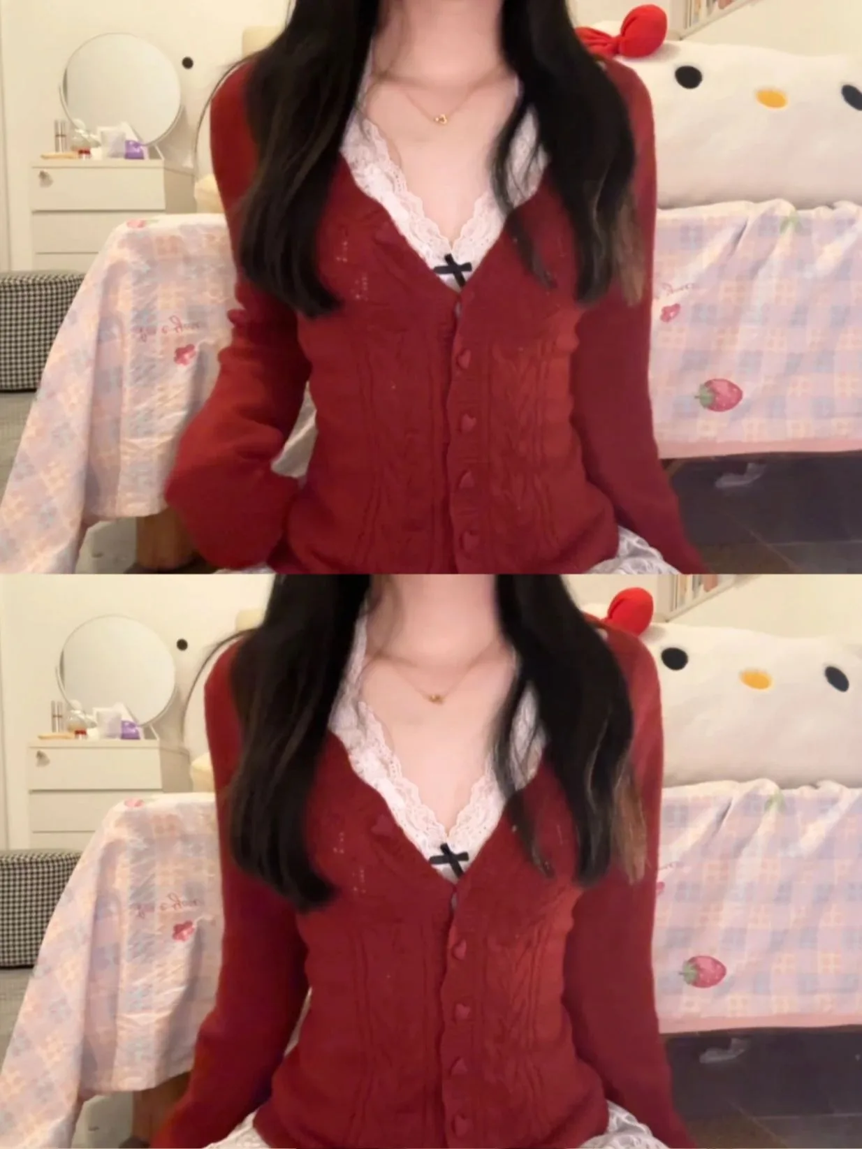 

Red V-Ne Long Sve Knitted Cardigan Women's Slim Fit Waist-Cinching Inner Wear Top for Autumn Winter Ci Walk