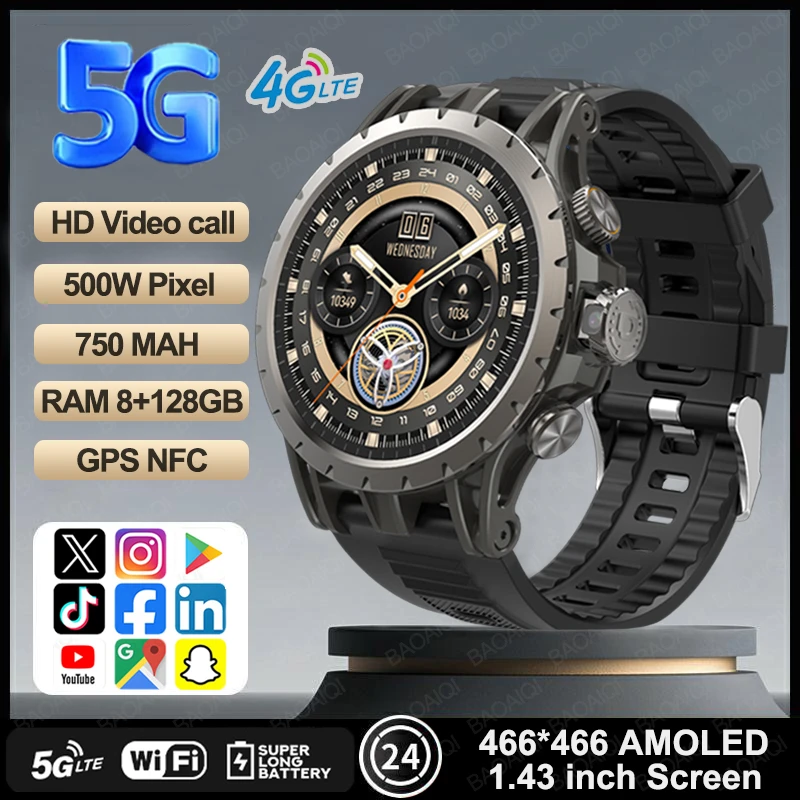 

4G/5G Full Netcom Smart Watch 466*466 Amoled 1.43 Screen 8GB+128GB RAM GPS WIFI HD Video Call 500W Camera Google APPS Smartwatch