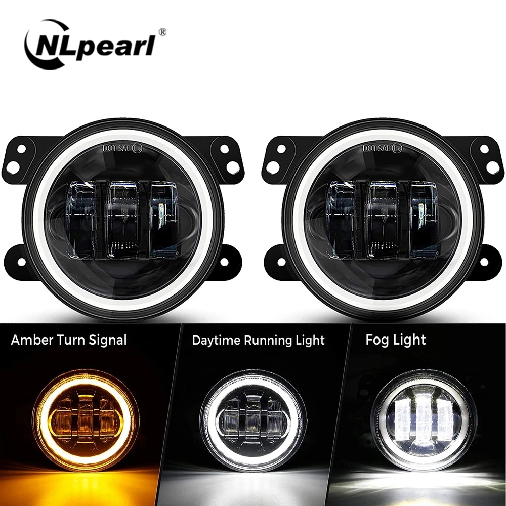 NLpearl 60W 4 Inch LED Fog Lights With White Halo Ring DRL Amber Turn Signal Lamp For Jeep Wrangler JK TJ LJ Dodge Chrysler