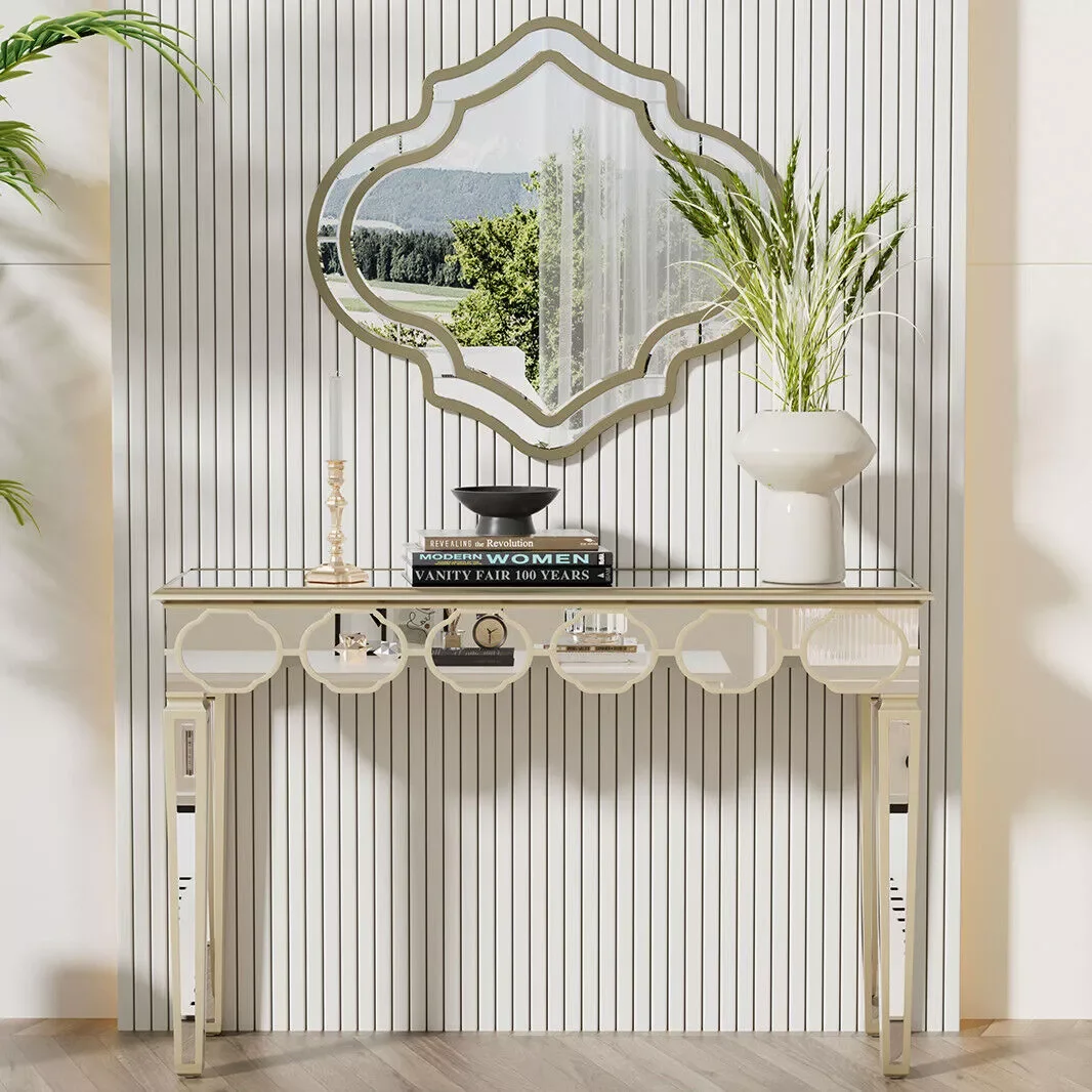 LUVODI Modern Glass Console Table Furniture Room Decor Entryway Mirrored Table with Gold Rim Lantern-like Edge