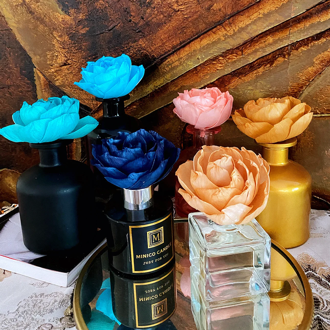 

5PCS No Fire Aromatherapy Dry Flower Macaron Blue Purple Brown Green and Pink Rose Sola Flowers for Essential Oil volatilization