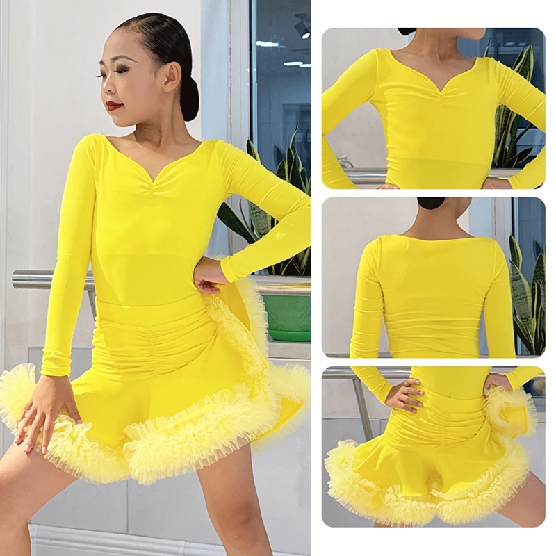 2025 vêtements de concours de danse latine filles jaune Costume de spectacle de danse body à manches longues jupe à volants tenue latine 2578