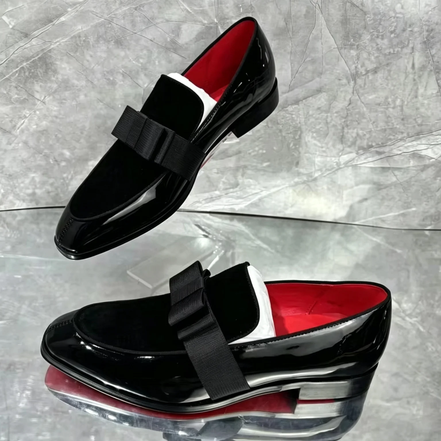 Men Black Patent Leather Bow Loafers Pointed Toe Slip On Dress Shoes Satin Bowtie Formal Wedding Banquet Footwear