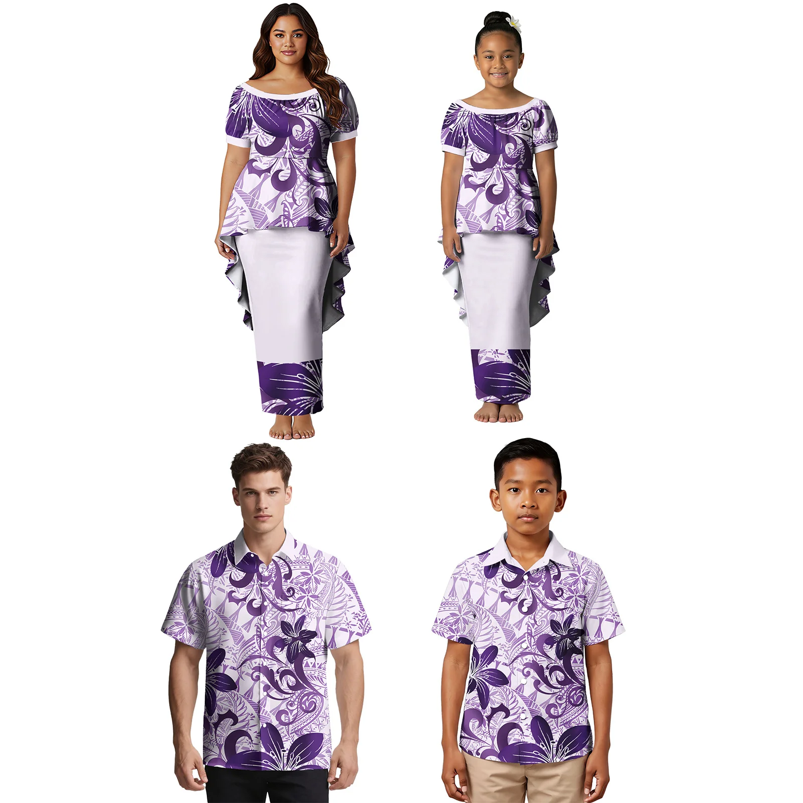 Family Parent-Child Outfit Custom Samoan Casual Mother Girl Puletasi Dress Polynesian Father Boy Shirt Hawaiian Print Family Set