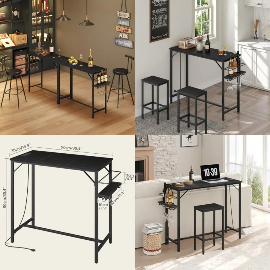

Bar Table, 35.4-Inch Counter Height Pub Table with Charging Station, Rectangular Dining Table with Wine Rack and Glass Holder,