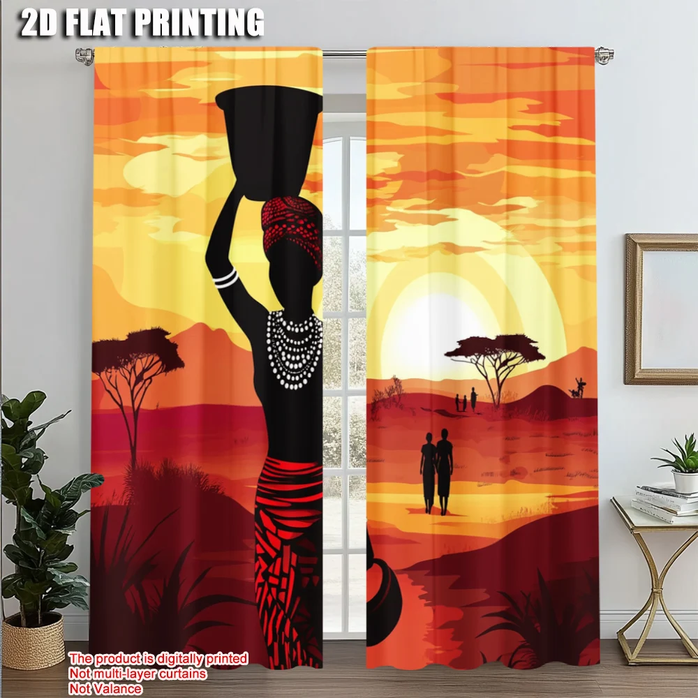 2 Stück, minimalistische Vorhänge mit 2D-Druck, afrikanischer Frauendruck (ohne Stange), Heimdekoration, Verwendung für Arbeitszimmer, Wohnzimmer, Küche – Zuhause