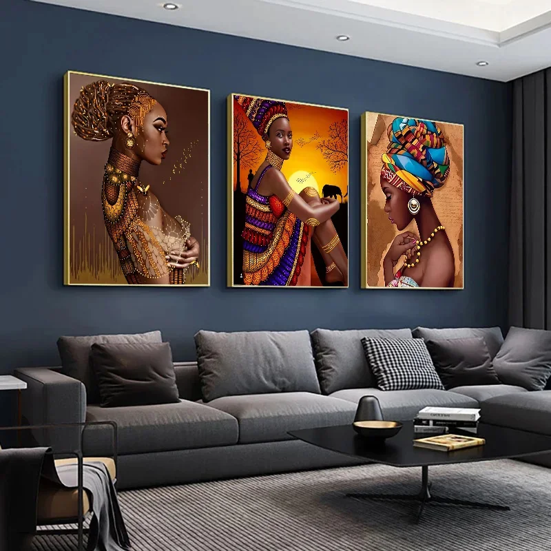 African Woman Canvas Painting Beautiful Black Women Wall Art Poster Modern Living Room Interior Aesthetic Picture for Home Decor