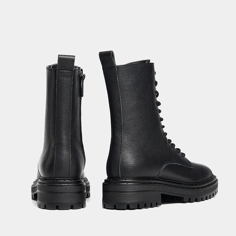MOOQDAAX 2023 New Autumn Winter Women Fashion Genuine Leather British Style Lacing Short Boots Simple Casual Shoes Martin Boots