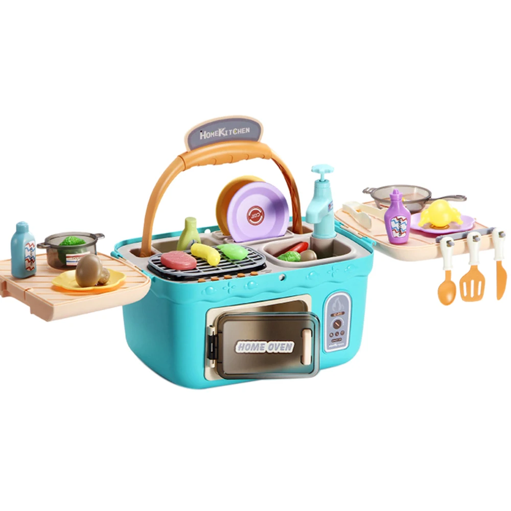 

Kids Picnic Basket Toys Portable Picnic Kitchen Toy 4 in 1 Play Oven Grill Cooking Toy Color Changing Foods Playset(A)