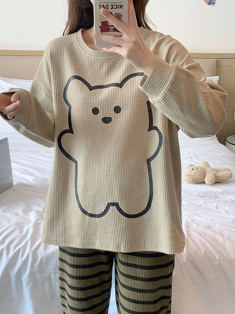 Round Neck Long-Sleeved Print Pullover Top+Striped Pants Women's Bear Sleepwear 2Pcs Spring Fall New Oversized Ladies Home Wear