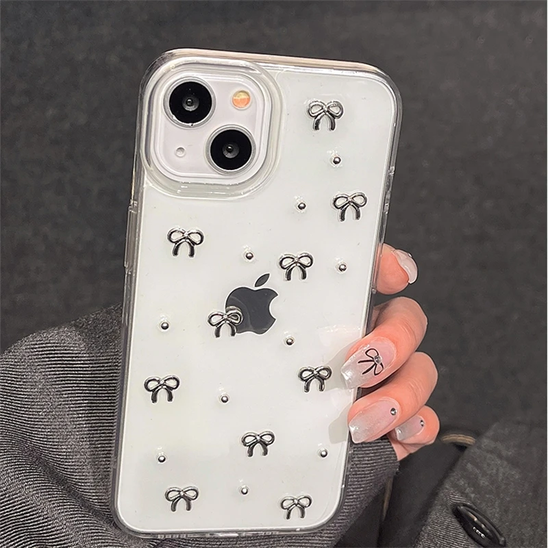 Transparent Sliver Bow knot Soft Silicone Case For iPhone 15 14 13 12 11 Pro Max 14Pro Camera Protective Back Cover For 15 Pro image 3