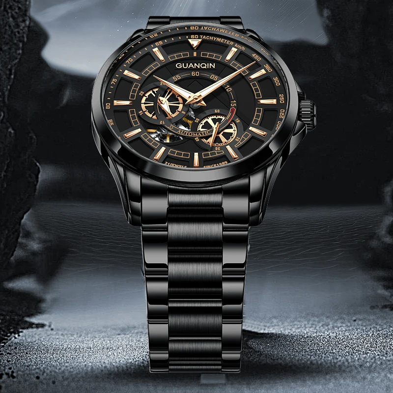 GUANQIN Luxury Men Automatic Mechanical Watch Skeleton Subdial Stainless Steel Material 30M Waterproof Luminous Watches