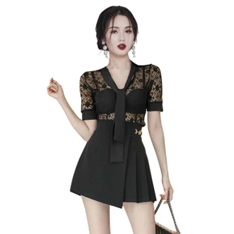 Summer New Temperament V-Neck Ribbon Lace See-Through Top  +Side Buckle Pleated A-Line Skirt Two-Piece Set