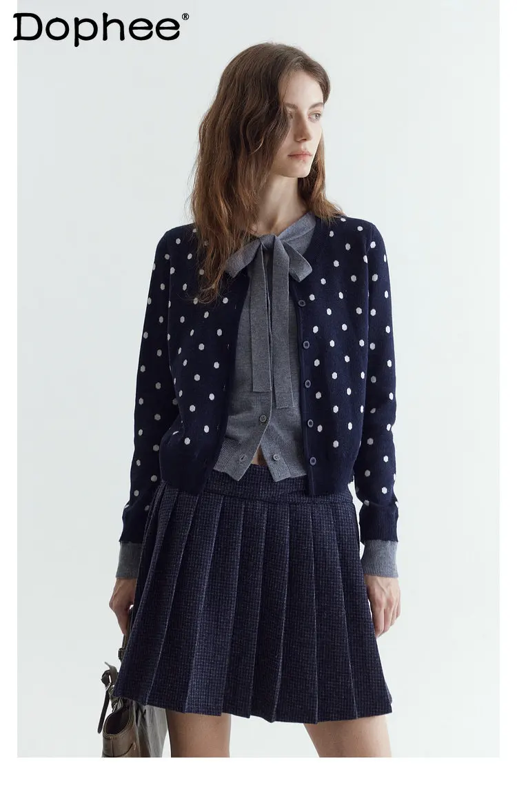 

2026 New French Retro Knit Women's Cardigan with Polka Dots and Bow Sweet and Cute Versatile for Commuting Faux Two-Piece Top