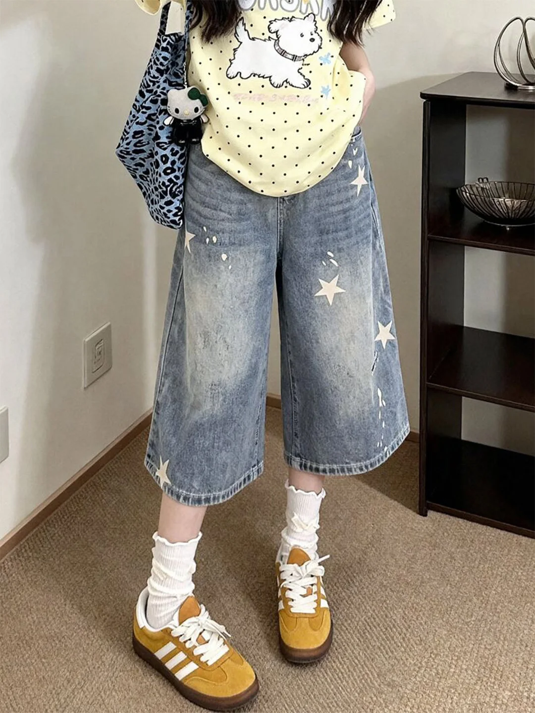 

Summer 2026 High Waist Loose Slimming Light Blue Seven-Foot Wide Leg Jeans Women's Print Thin Denim Pants American Style Stra...