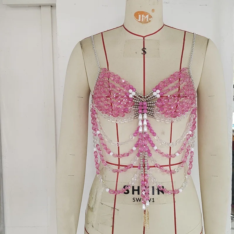 

Pink Beaded Chain Bra Top Transparent Crystal Body Jewelry with Floral Details for Festival Beachwear Stage Mermaid Outfit