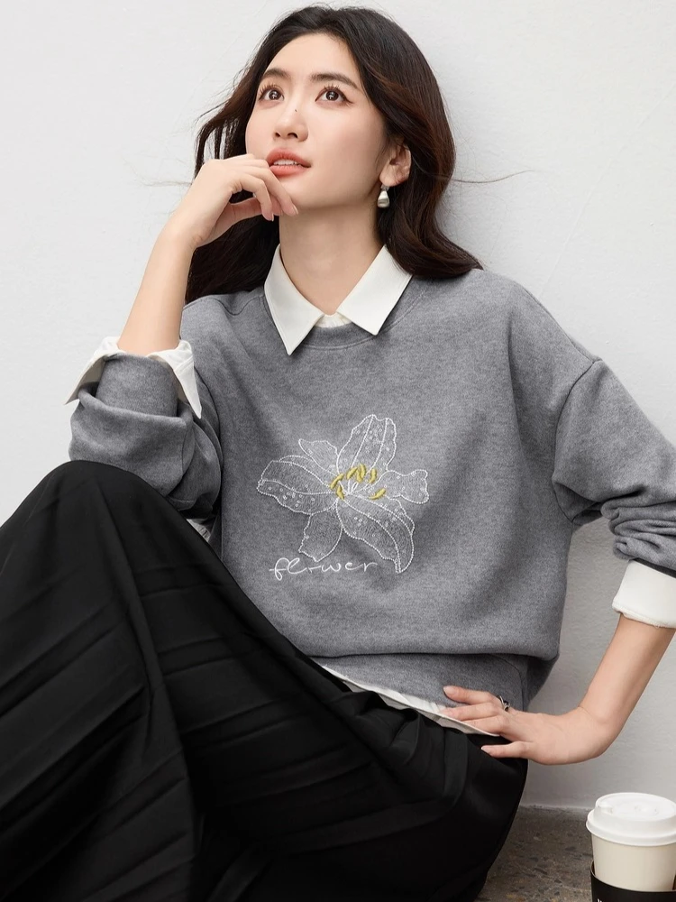 SENTUBILA Knitted Sweatshirts for Woman 2025 Autumn Winter O Neck Loose Pullovers Casual Letter Embroidered Sweaters 153AC3453