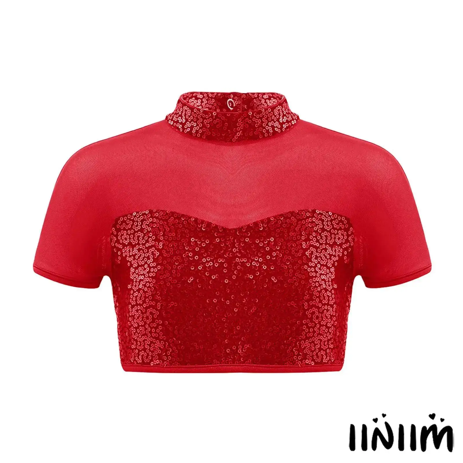 

Kids Girls Modern Dance Short Sleeve Crop Top Mesh Patchwork Cutout Back Shiny Sequins Ice Skating Stage Performance Costume