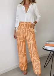 Women Print Two Piece Sets Wide Leg Pants with Single Breasted Blouse Shirt Tops 2 Piece Set Office Lady Loose No Belt Outfits