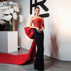 Verngo Modern Red And Black Mermaid Celebrity Party Evening Dresses Strapless Big Bow Back Train Long Prom Gowns Slit Back