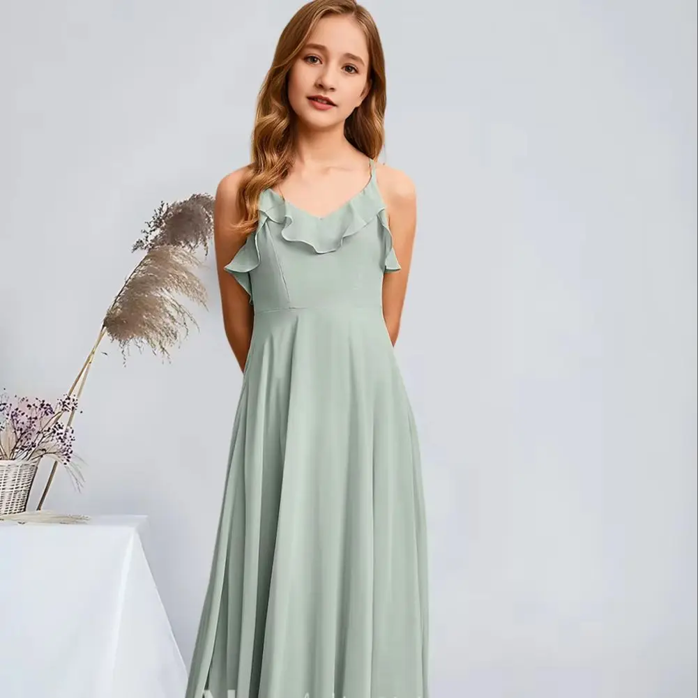 

QZ Kids A-Line V-Neck Floor-Length Chiffon Junior Bridesmaid Dresses Agave Gorgeous Flower Girl Dresses Party Wedding Kids Dance