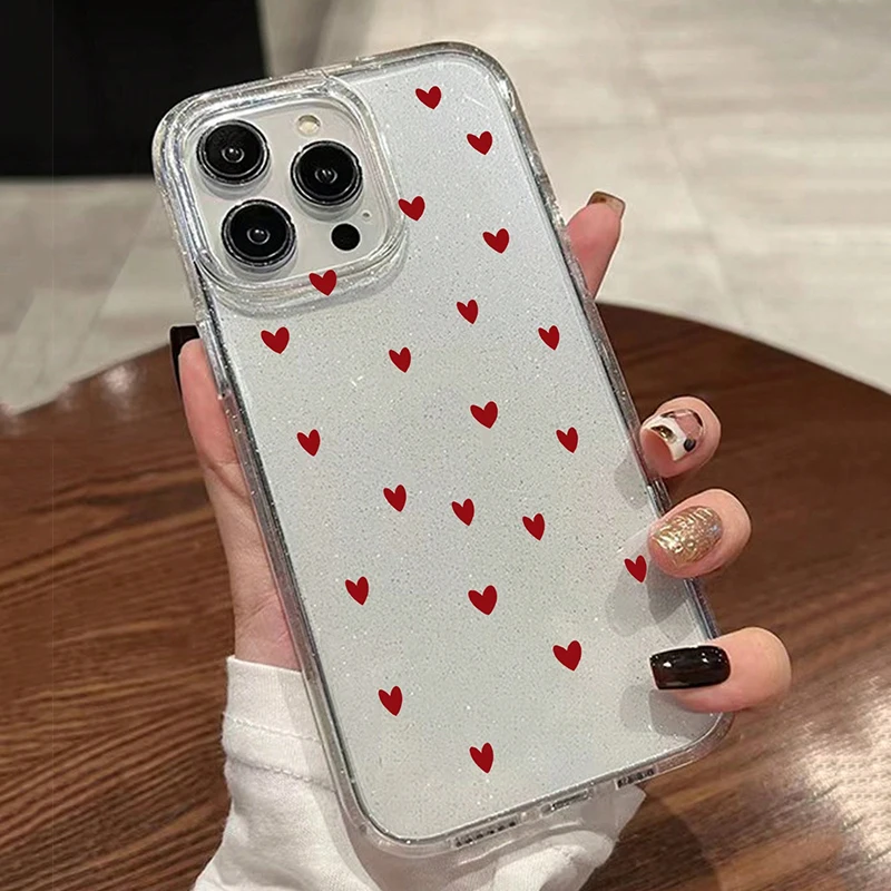 Fashion Glitter Red Heart Printed Transparent TPU Phone Case For iPhone 17 16 Pro Max 15 14 13 12 11 XS X XR 16E 7 8 Plus Cover - náhled 2