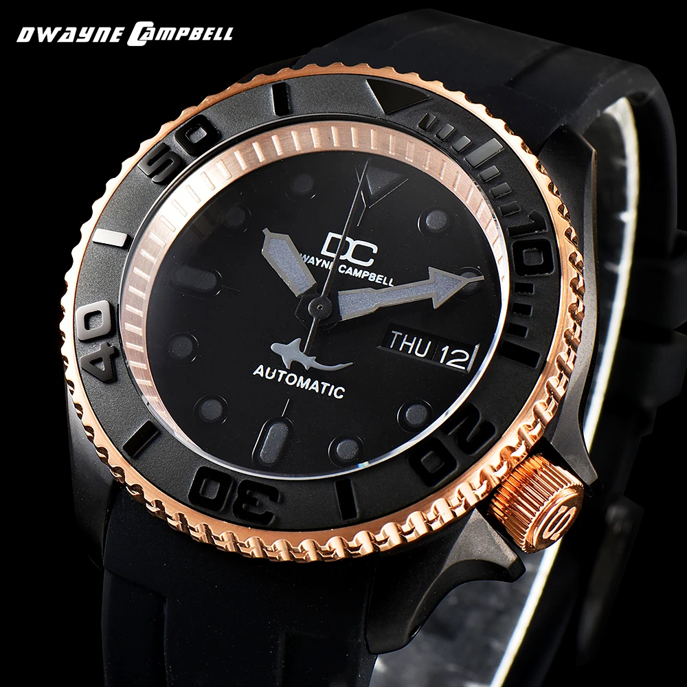 42mm DIY Custom Luxury Sapphire NH36 Automatic Mechanical Watch Men\'s Rose gold Black Wrist Watch Swimming Date Male Clock