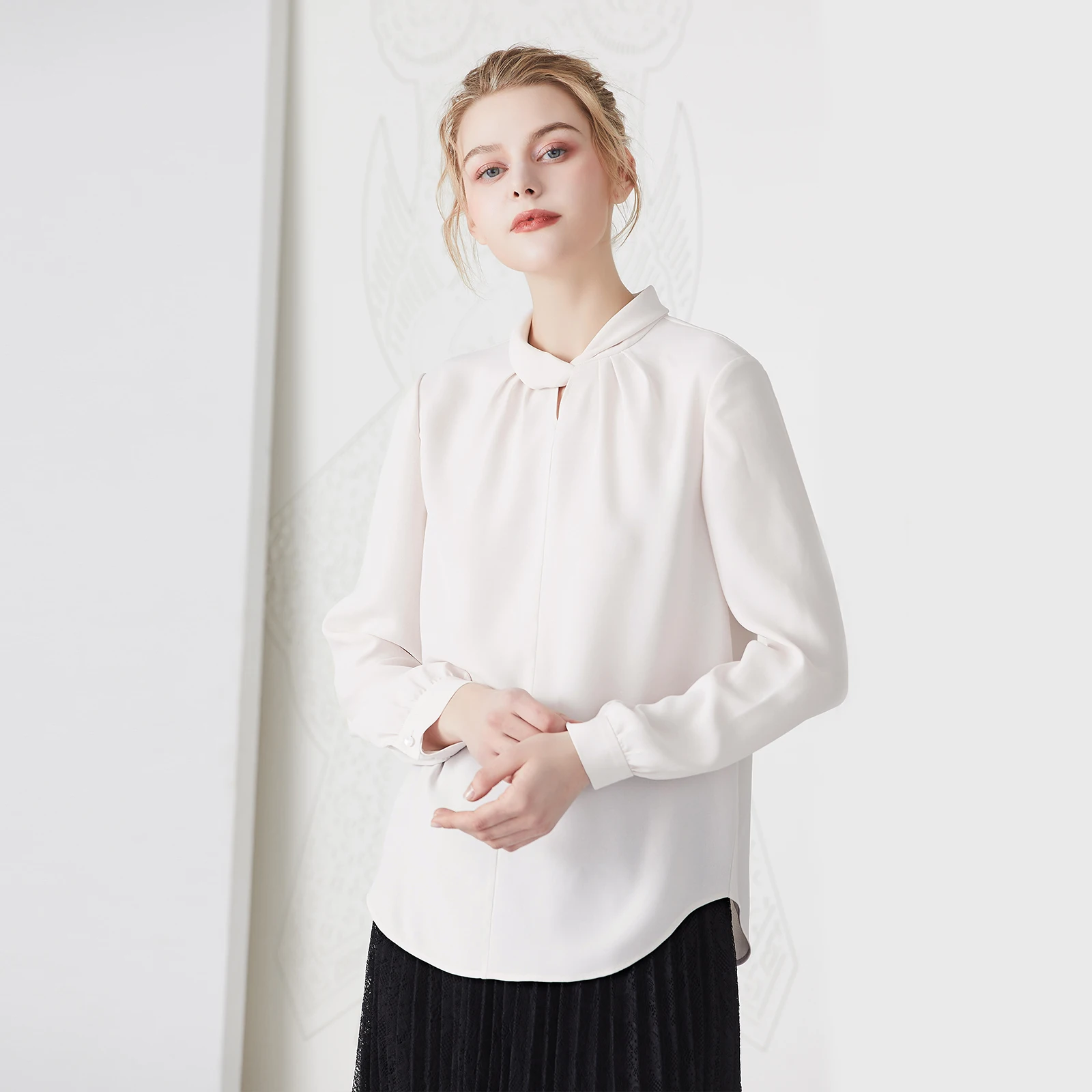 

G-ZEN COLLECTION Favorite Nude Pink 3D Tailoring Pleated Knot Stand Collar irt Women's Busin Casual Loose Fit Long Sve