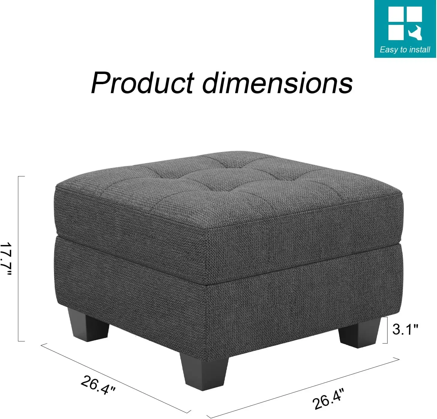 Ottoman Module with Storage for Modular Sofa Sectional Couch Cube Seat Square Storage Ottoman Footrest Modern Fabric Dark Grey