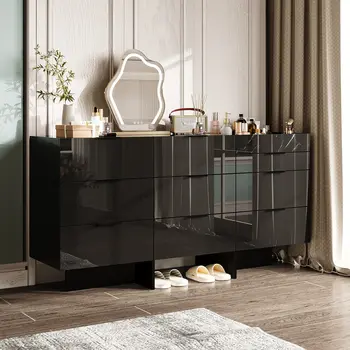 FUFU&GAGA 高光澤九抽屜櫃,帶金屬把手,大理石紋理儲物櫃,適用於客廳、玄關,黑色 10 最佳銷售 九抽屜櫃 - №9