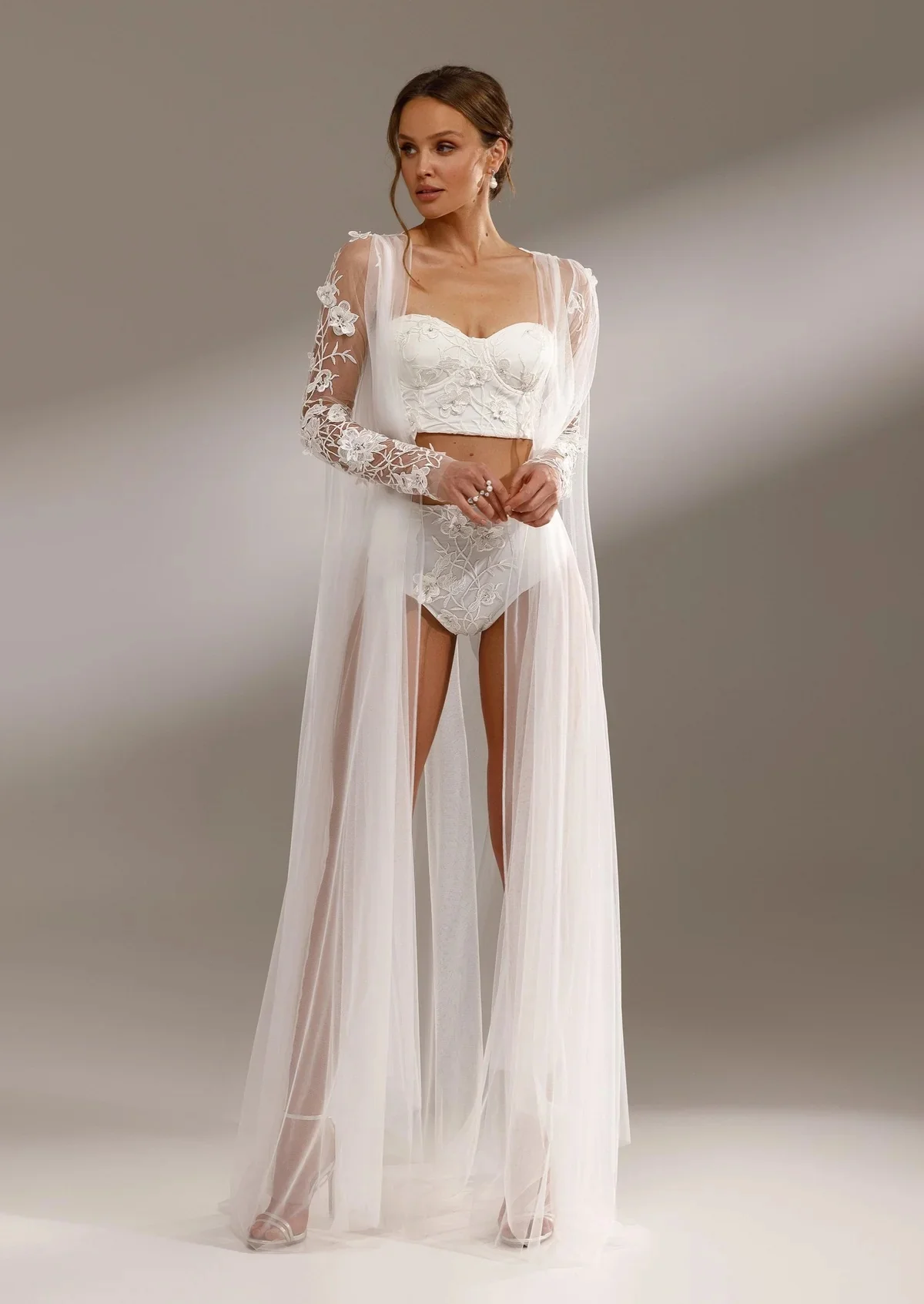 Sexy Lace Wedding Robe Long Sleeve Bathrobe Lingerie Gowns For Women Customized Bridal Pajamas Dress for Photoshoot