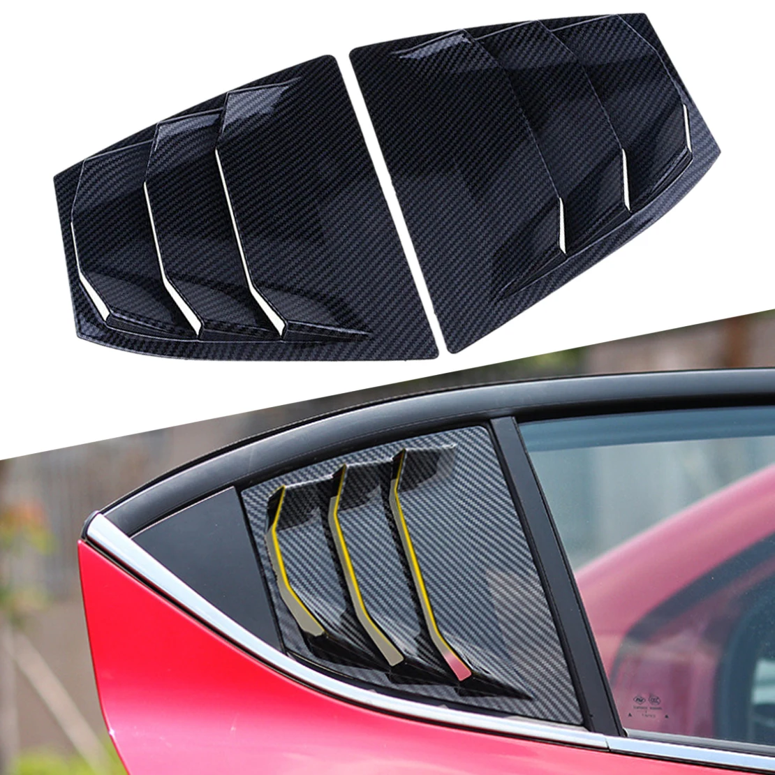 2Pcs Black Rear Side Window Louver Vent Cover Carbon Fiber Texture ABS Plastic Fit For Mazda 3 Axela 2014 2015 2016 2017 2018