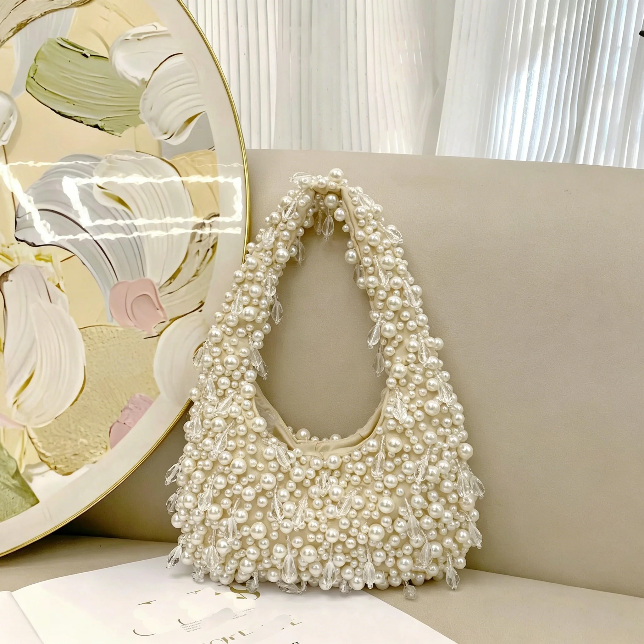 Sweet Pearl Crystal Beaded Underarm Bag Fashion Niche Design Handbag for Women