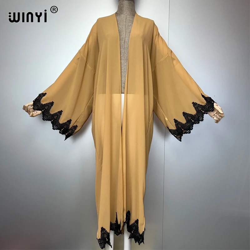 WINYI Perspective sexy embroidered cardigan fashion Kimonos abaya muslim woman beach outfits kaftan evening dress maxi coat