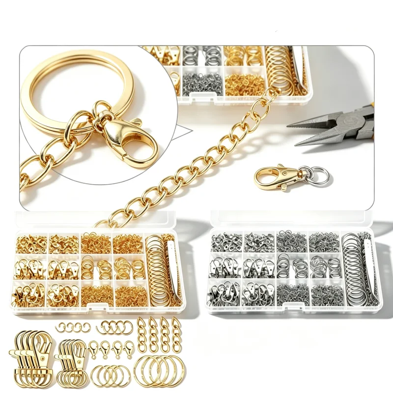 Lobster Clasp Key Ring Accessory Kit,With Tweezer, Complete Hardware Findings Supplies for DIY Keychains Pendant Bags Charm