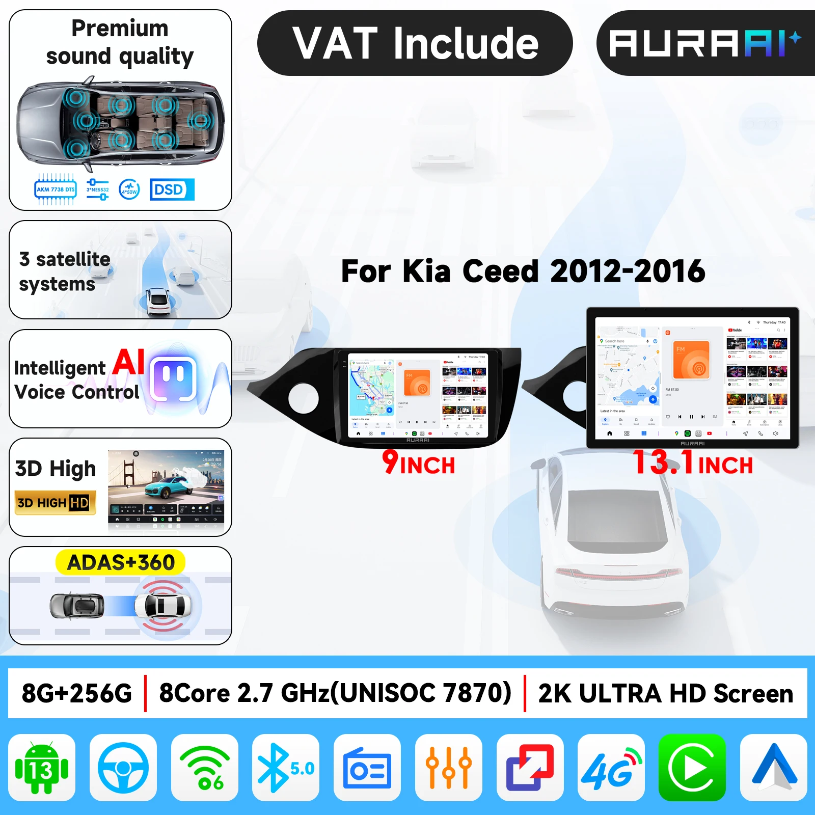 Autoradio AURAAI 2.7Ghz avec écran 2K pour KIA CEED JD Cee'd 2012-2017, lecteur multimédia vidéo, stéréo GPS, Carplay, systèmes intelligents, écran 1920*1200, affichage Ultra 3D, interface haute résolution, radio en ligne, amplificateur TDA7708,7851, AKM 7738 DTS, avec avertissement de sécurité de style Tesla