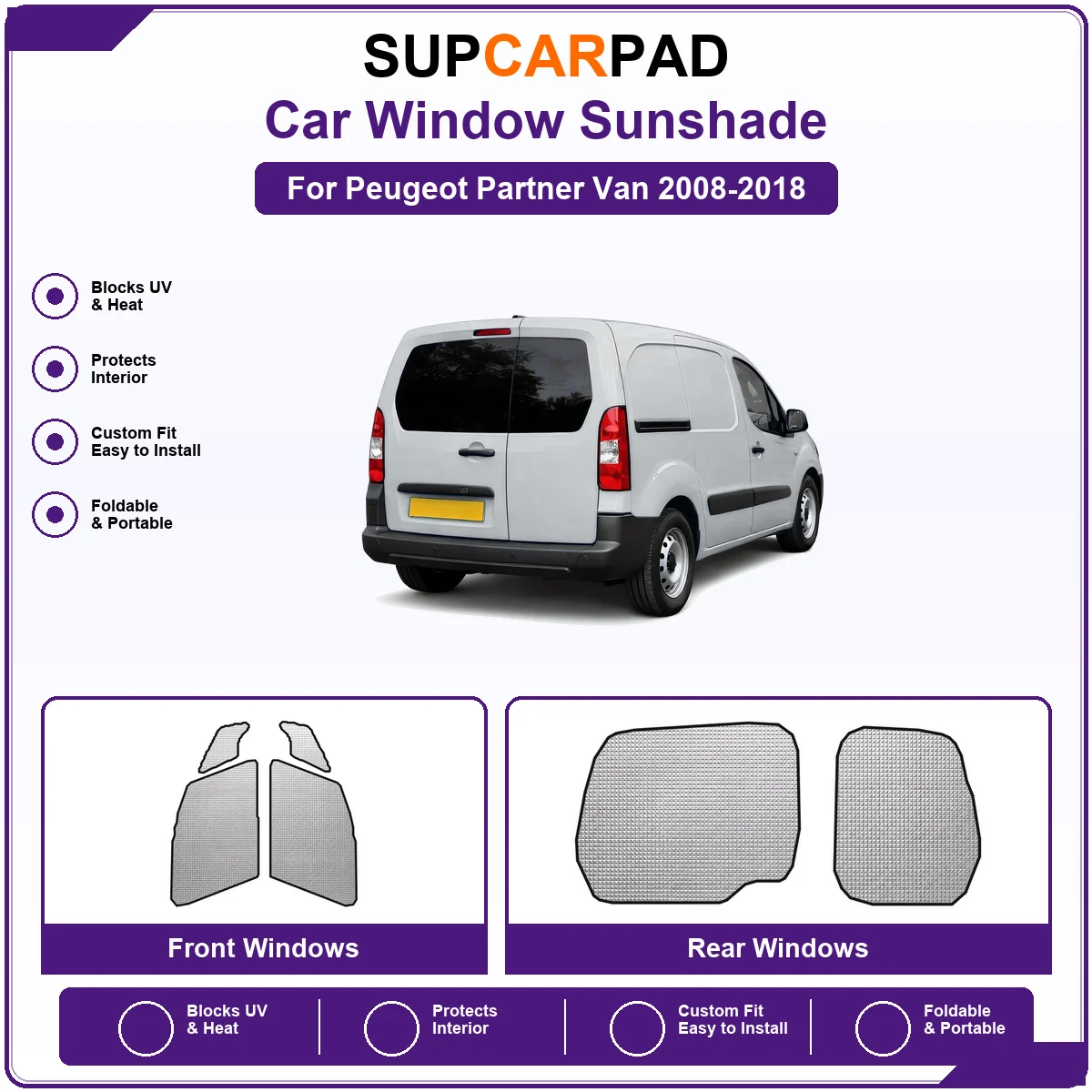 For Peugeot Partner Van 2008-2018 Pre‑Cut Auto Window Sunshade Anti‑UV Car Sun Visor Protector