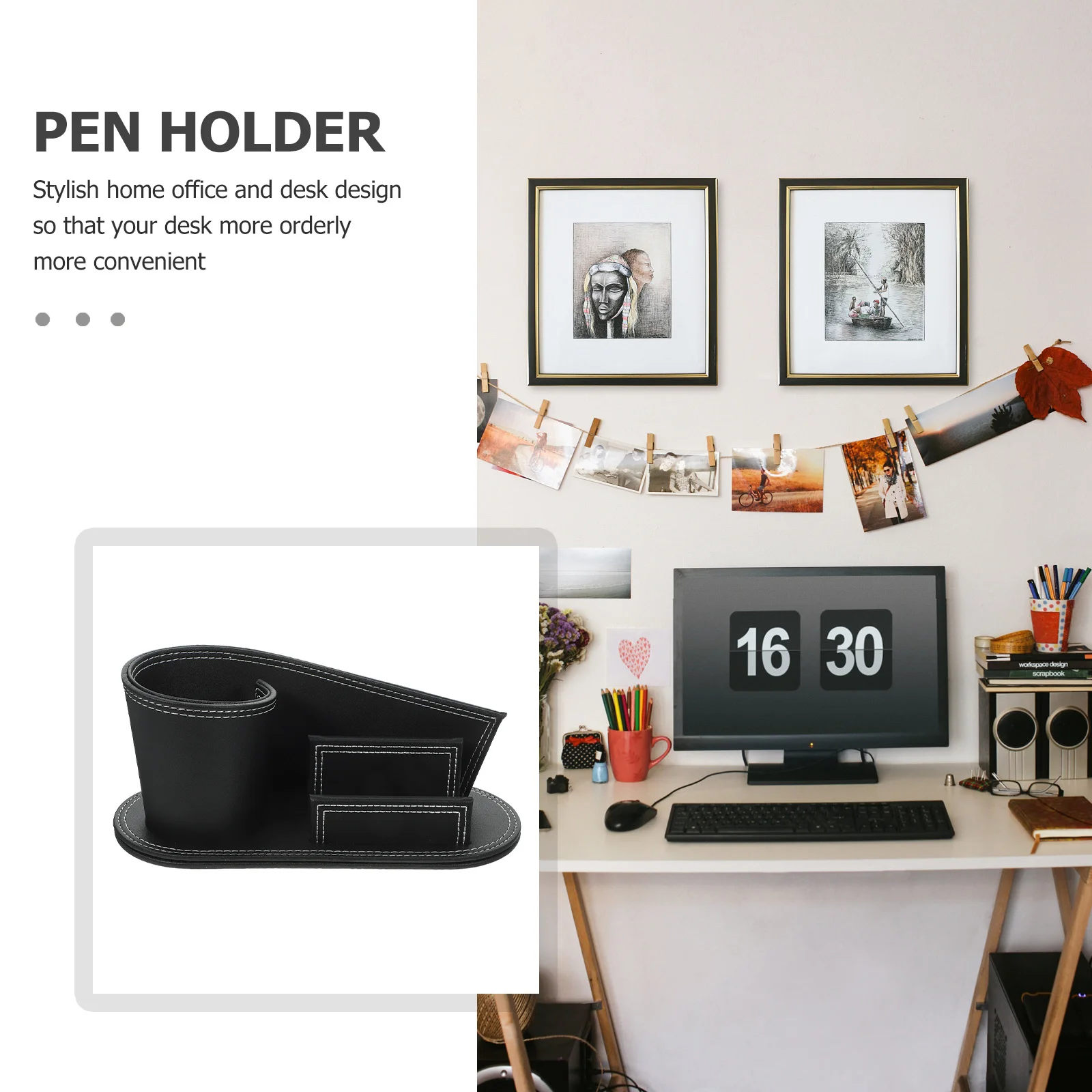 

Pen Holder Black Pu Desktop Organizer For Office Business Stand Storage Box Tissue Container Writing Instrument