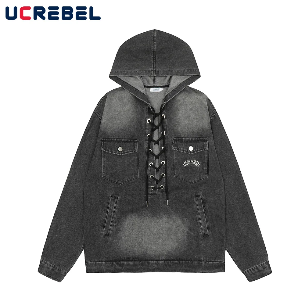 

Lace Up Denim Hoodies Mens Embroidery Pocket Washed Distressed High Street Long Sleeve Hooded Tops Men