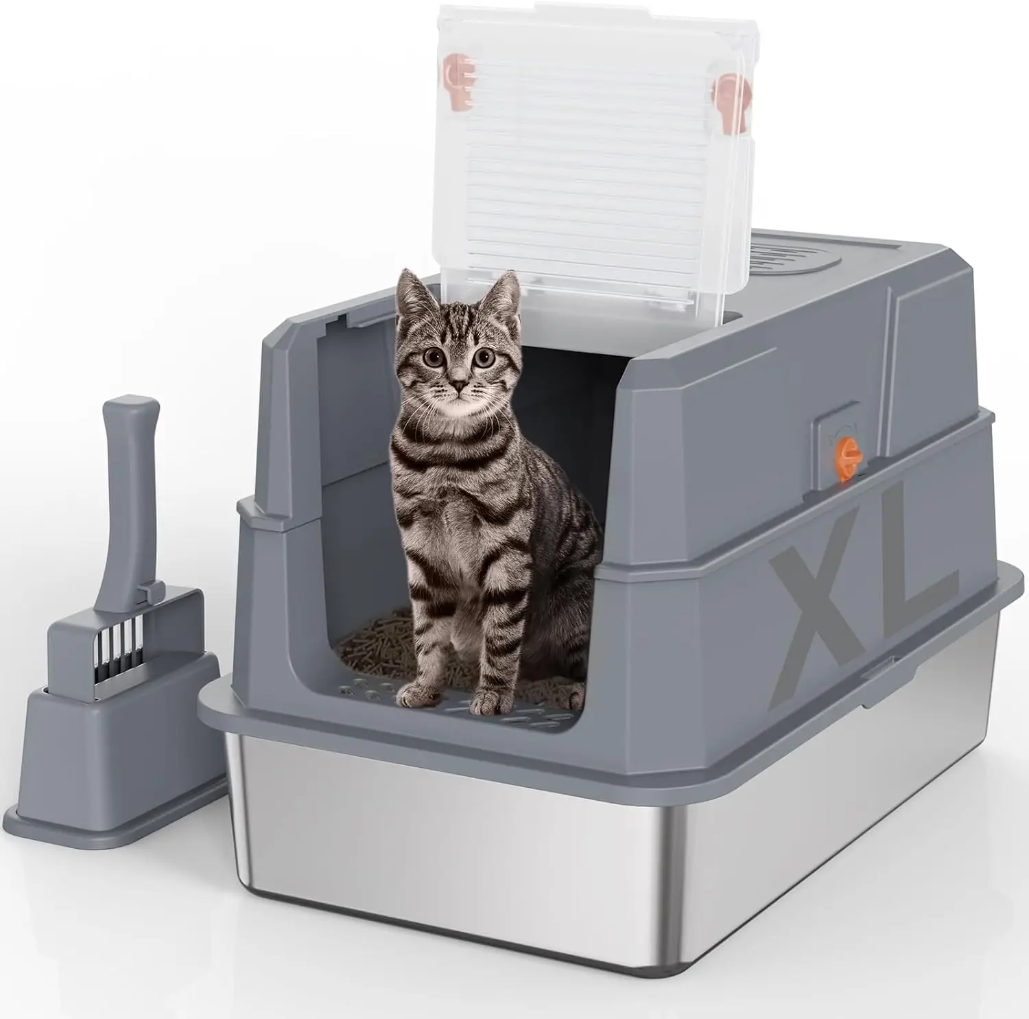 

Лоток для кошачьего туалета из нержавеющей стали с углом наклона 180 градусов ° Крышка с откидной крышкой, легко моющийся закрытый лоток для кошек XL, большой стальной лоток для кошек с крышкой