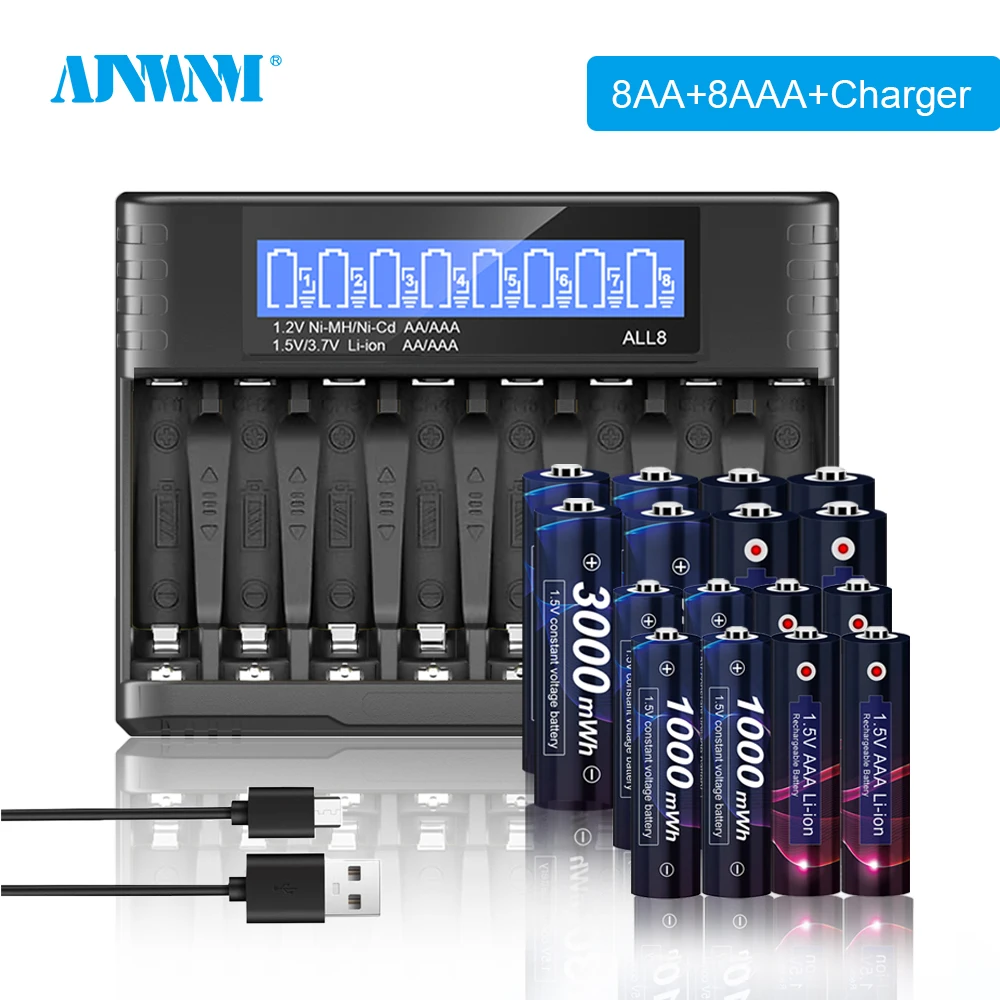 AJNWNM 1.5V AAA+AA Li-ion Rechargeable Battery AA AAA Lithium ion Batteries AAA AA Cell With 8 slots 1.5V AA AAA Charger