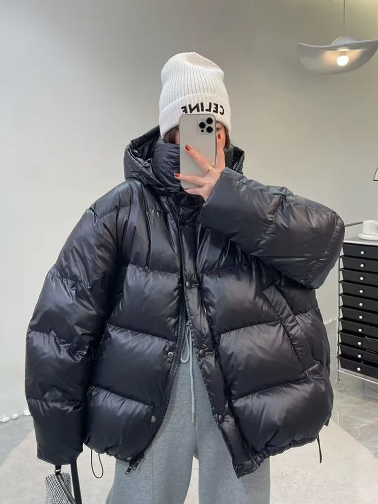 90% Duck Down Jacket Women Fall Winter 2023 New Long Sleeve Thicken Warm Loose Puff Jackets Chic with Hood Feather Coats