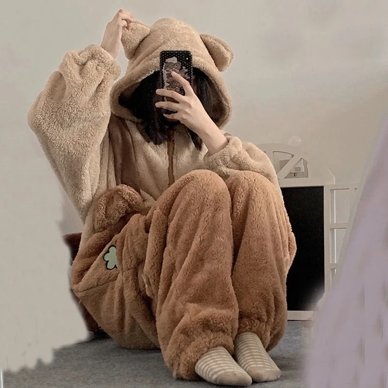 Unisex Adult Onesie Pajamas Women Flannel Cosplay Animal Bear One Piece Halloween Costume Winter Warm Soft Sleepwear Homewear