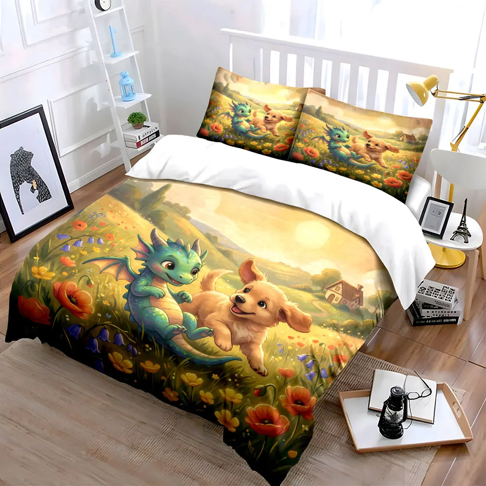 Puppy and baby dragon playing in meadow Print Bedding Set 1 Duvet Cover 2 Pillowcases for Adult Children Luxury Gift Full Size