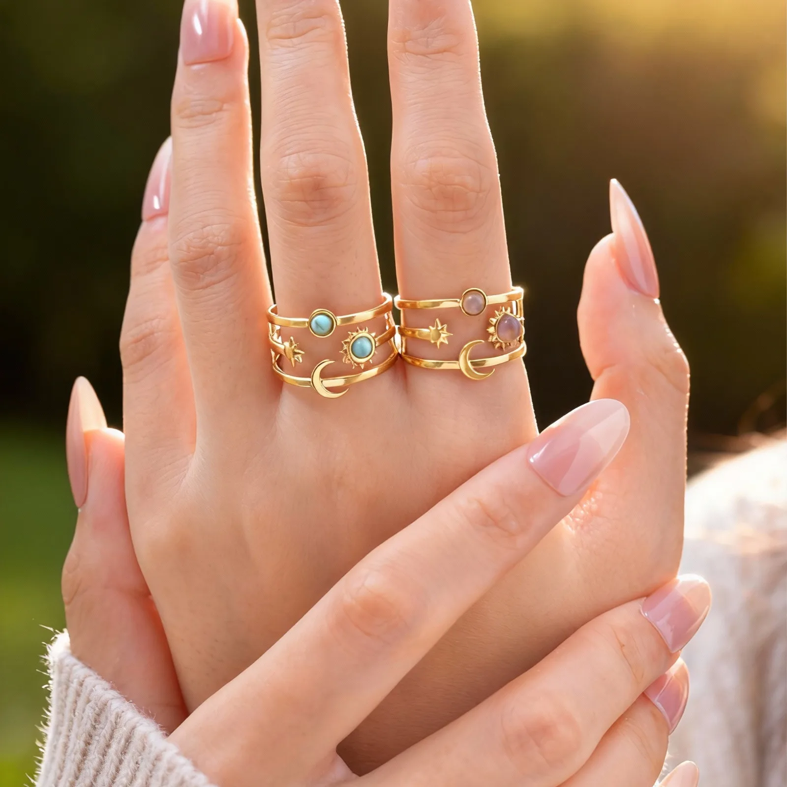 Fashion Charm Turquoise Star And Moon Ring for Women Stainless Steel Three-Layer Opening Rings Wide Finger Jewelry Gift